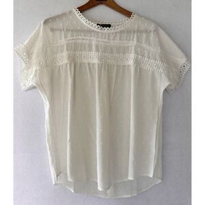 Camisa Top Swiss‎ Dot Shirt Size M White Cottagecore NWT Lace-Accent Button Back